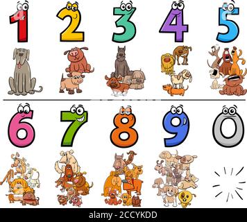 Cartoon Illustration von Educational Numbers Collection von eins bis neun Mit Comic Hunde Tier Zeichen Stock Vektor