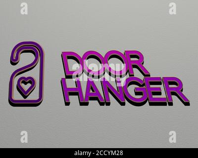 3D-Grafik-Bild der Tür Aufhänger vertikal zusammen mit Text von metallischen kubischen Buchstaben aus der oberen Perspektive gebaut, hervorragend für das Konzept Präsentation und Diashows, 3D-Illustration Stockfoto