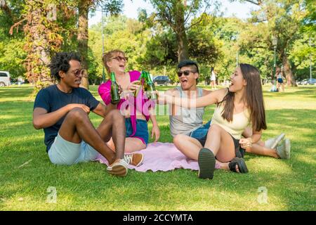 Eine glückliche Gruppe von Freunden, die im Sommer Bier in einem Park trinken. Stockfoto