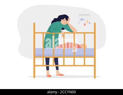 Müde Mutter mit Baby, leiden mit postnatalen Depressionen Stock Vektor