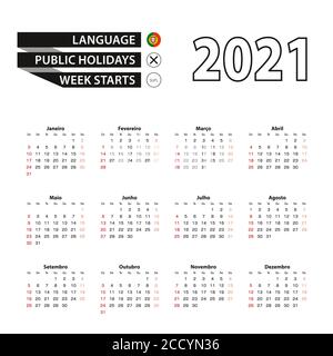 2021 Kalender in portugiesischer Sprache, Woche beginnt ab Sonntag. Vektorgrafik. Stock Vektor