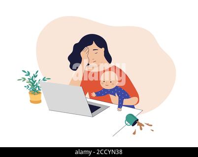 Müde Mutter versucht zu arbeiten, halten Baby in den Armen Stock Vektor