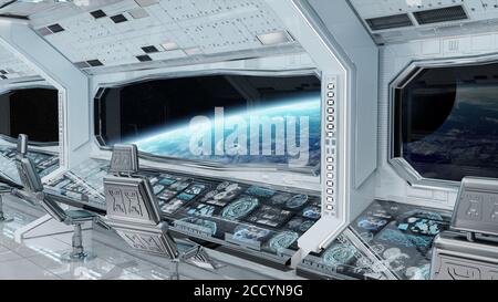Weiß sauber Raumschiff Innenraum mit Blick auf den Planeten Erde 3D Rendering Elemente dieses Bildes von NASA Stockfoto