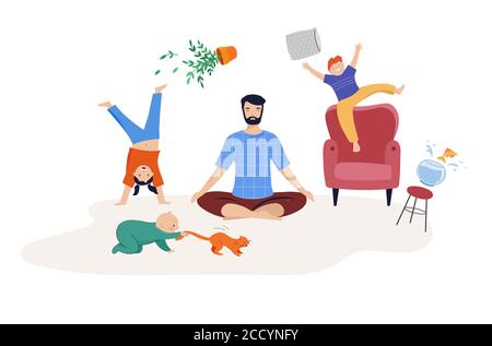 Müde Vater von zwei Kindern versuchen, sich zu entspannen, zu meditieren. Kinder spielen, springen und laufen um ihn herum Stock Vektor