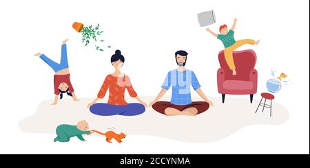 Müde Eltern, Mama und Papa von zwei Kindern versuchen zu entspannen, zu meditieren. Kinder spielen, springen und laufen um sie herum Stock Vektor