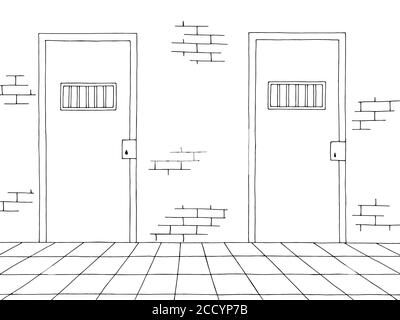 Gefängnis Korridor Innengrafik schwarz weiß Skizze Illustration Vektor Stock Vektor