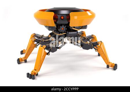 Industrielle Roboter-Drohne mit mechanischen Armen auf weißem Hintergrund. Konzept des Roboterhelfers oder bot. 3d-Rendering und -Illustration. Stockfoto