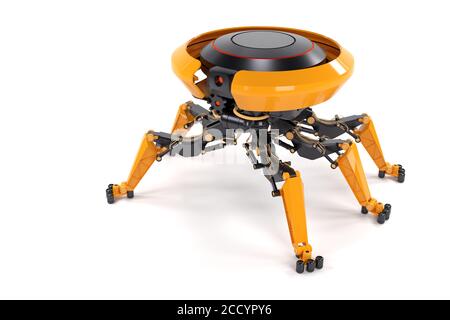 Industrielle Roboter-Drohne mit mechanischen Armen auf weißem Hintergrund. Konzept des Roboterhelfers oder bot. 3d-Rendering und -Illustration. Stockfoto