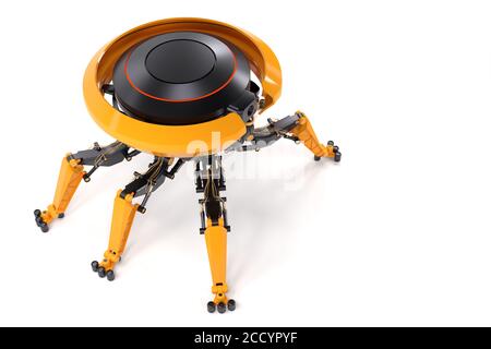 Industrielle Roboter-Drohne mit mechanischen Armen auf weißem Hintergrund. Konzept des Roboterhelfers oder bot. 3d-Rendering und -Illustration. Stockfoto