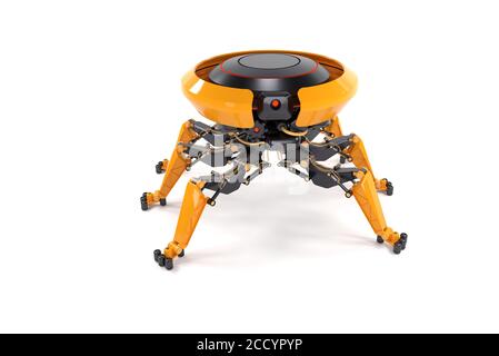 Industrielle Roboter-Drohne mit mechanischen Armen auf weißem Hintergrund. Konzept des Roboterhelfers oder bot. 3d-Rendering und -Illustration. Stockfoto