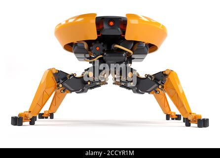 Industrielle Roboter-Drohne mit mechanischen Armen auf weißem Hintergrund. Konzept des Roboterhelfers oder bot. 3d-Rendering und -Illustration. Stockfoto