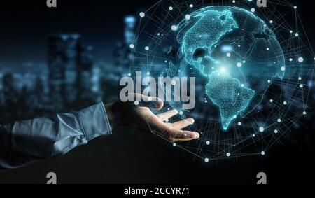 Geschäftsmann auf verschwommenem Hintergrund mit USA Weltkarte Schnittstelle 3D Rendering Stockfoto