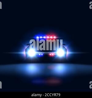 Polizeiauto Sheriff in der Nacht mit Blinklicht. Polizei-Sicherheitspolizei Patrouille auf dem Auto im Dunkeln mit einer Sirene, Vektor-Illustration Stock Vektor