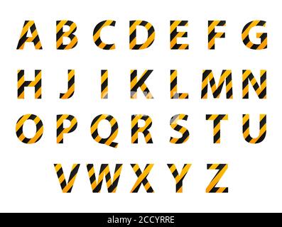Vektoralphabet. Satz gestreifter Buchstaben in Form eines Schutzbandes. Reparatur der Gebäudegefährdung. Vektorgrafiken. Stock Vektor