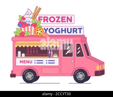 Frozen Yoghurt van Bar - isolierte Abbildung. Pink Street Food Truck mit Joghurt-Eis. Mobile Bar mit kalorienarmen Desserts im Auto Stock Vektor