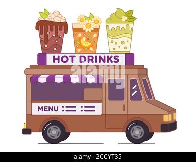Heißer Getränkewagen mit riesigen Tassen verschiedener Getränke auf dem Dach - isolierte Illustration. Street Food Truck mit warmen Getränken. Mobile Teebar im Auto Stock Vektor