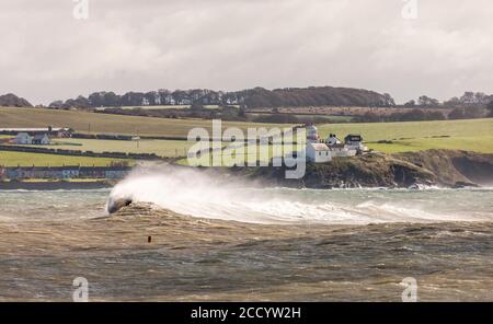 Myrtleville, Cork, Irland. August 2020. Hohe Wellen Rollen in der Nähe des Roches Point Lighthouse nach dem Sturm Francis, der die Südküste Irlands traf. - Credit; David Creedon / Alamy Live News Stockfoto