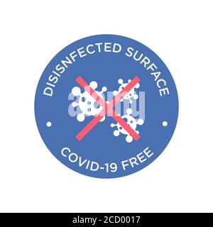Symbol für die desinfizierte Oberfläche des Coronavirus. Rundes Symbol für saubere Bereiche von Covid-19. Covid-freie Zone. Stock Vektor