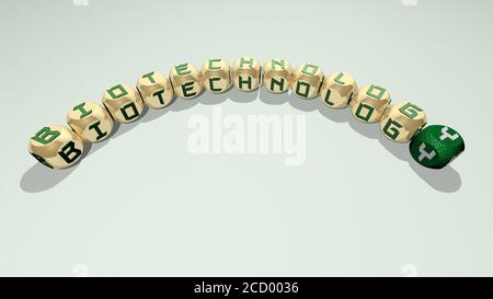 Kreuzworträtsel der Biotechnologie, angeordnet durch kubische Buchstaben auf einem Spiegelboden, Begriffsbedeutung und Präsentation, 3D-Illustration Stockfoto