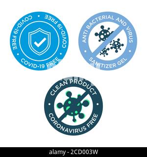 Coronavirus-freie Icon-Set. Runde Symbole für desinfizierte Bereiche, Oberflächen oder Produkte von covid-19. Stock Vektor