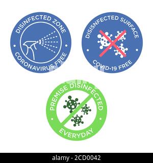 Coronavirus-freie Icon-Set. Runde Symbole für desinfizierte Bereiche, Oberflächen oder Produkte von covid-19. Stock Vektor