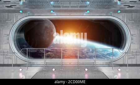 White Tech Raumschiff runde Fenster Innenraum mit Blick auf den Planeten Earth 3D Rendering Elemente dieses Bildes von der NASA Stockfoto