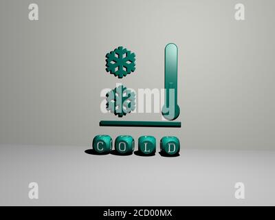 KALTES 3D-Symbol an der Wand und Text von kubischen Alphabeten auf dem Boden, 3D-Illustration Stockfoto