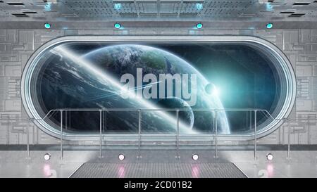 White Tech Raumschiff runde Fenster Innenraum mit Blick auf entfernt Planeten-System 3D-Rendering-Elemente dieses Bildes von NASA Stockfoto