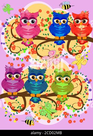 Süße bunte cartoon Eulen sitzen auf Ast mit Blumen. Stock Vektor
