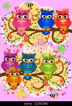 Drei niedliche bunte Cartoon Eulen sitzen auf Baum Zweig mit Blumen. Lustige Aufkleber von Vögeln auf weißem Hintergrund. Stock Vektor