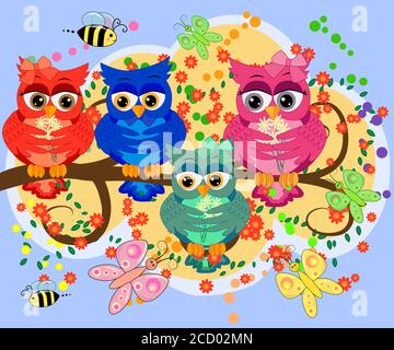 Drei niedliche bunte Cartoon Eulen sitzen auf Baum Zweig mit Blumen. Lustige Aufkleber von Vögeln auf weißem Hintergrund. Stock Vektor