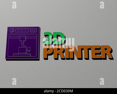 3D-Darstellung von 3d-Drucker mit Symbol an der Wand und Text angeordnet durch metallische kubische Buchstaben auf einem Spiegelboden für Konzept Bedeutung und Diashow-Präsentation, 3D-Illustration Stockfoto