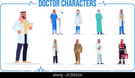 Arab Arzt semi flach RGB Farbe Vektor Illustration Set Stock Vektor