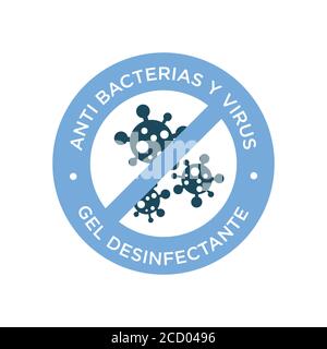 Symbol für Desinfektionsmittel in spanischer Sprache. Antibakterielle und Viruslösung. Rundes Symbol für Desinfektionsgel-Etiketten. Stock Vektor