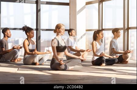 Gruppenübung Yoga. Entspannte Multirassische Menschen Meditieren Mit Geschlossenen Augen Im Studio Stockfoto