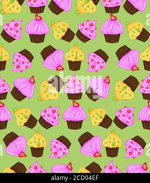 Hintergrund des Geburtstags. Nahtloses Muster mit Cupcakes und Muffins. Nette Comic-Figuren, Emoji. Kawaii Cupcakes. Stock Vektor