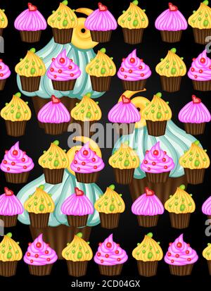 Hintergrund des Geburtstags. Nahtloses Muster mit Cupcakes und Muffins. Nette Comic-Figuren, Emoji. Kawaii Cupcakes. Stock Vektor