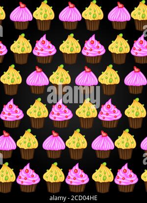 Hintergrund des Geburtstags. Nahtloses Muster mit Cupcakes und Muffins. Nette Comic-Figuren, Emoji. Kawaii Cupcakes. Stock Vektor