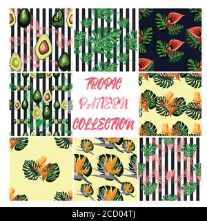 Nahtlose Muster von tropischen Blumen grünen Blätter von Palmen und Blumen Vogel von paradis, Hibiskus, Avocado, Monstera. Stock Vektor