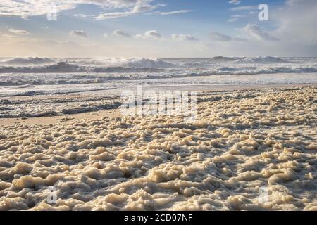 Unruhiges Meer am Nordstrand des berühmten Nazare, Zentralportugal Stockfoto