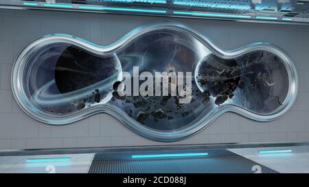 White Tech Raumschiff runde Fenster Innenraum mit Blick auf entfernt Planeten-System 3D-Rendering-Elemente dieses Bildes von NASA Stockfoto