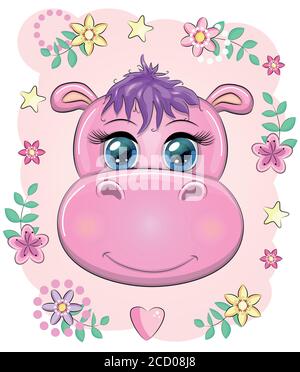 Niedliche Schnauze Cartoon Nilpferd mit schönen Augen zwischen Blumen, Herzen. Drucken Sie T-Shirts, Baby-Dusche Einladungskarte. Stock Vektor