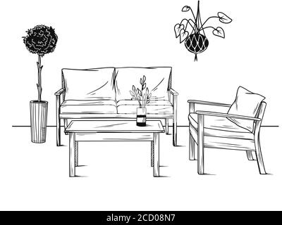 Einstellen der Möbel für den Garten. Sessel, Sofa und Tisch unter den Pflanzen. Vector Illustration in Skizze Stil Stock Vektor