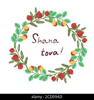 Shana tova Hintergrund Apfel und Granatapfel Kranz Stock Vektor