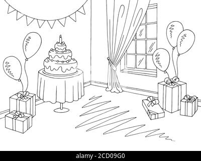 Kinder Party Zimmer Grafik schwarz weiß Heim Interieur Skizze Illustration vektor Stock Vektor