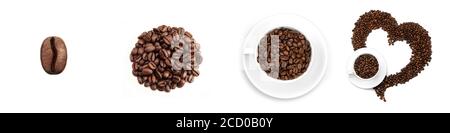Kaffeecollage. Kaffeebohnen in einer Tasse. Herz aus Kaffeebohnen. Kaffeebohne von oben. Stockfoto