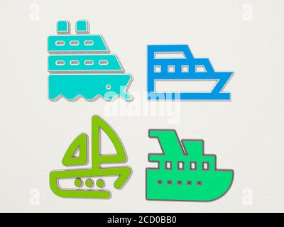 yacht 4 Icons Set, 3D Illustration Stockfoto