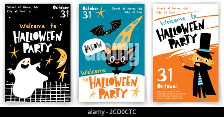 Set von Vektor Willkommen zu Halloween-Party-Plakate in Cartoon Flacher Style Stock Vektor