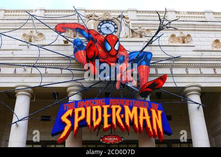 Foto von The Amazing Adventure of Spider man, eine der berühmtesten Attraktionen in den Universal Studios Japan.SPIDER MAN. Stockfoto