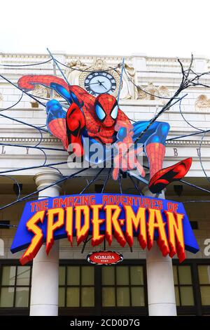 Foto von The Amazing Adventure of Spider man, eine der berühmtesten Attraktionen in den Universal Studios Japan.SPIDER MAN. Stockfoto